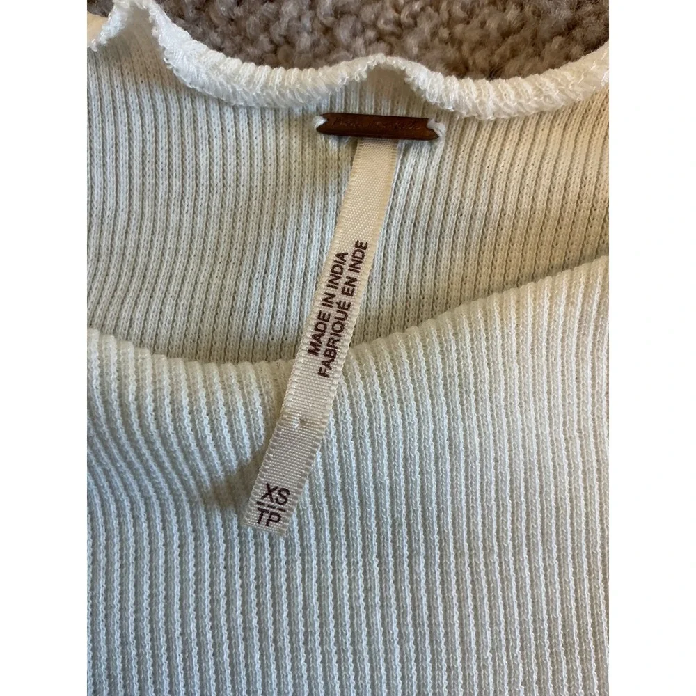 Free People Cream Ribbed Knit Embroidered Mesh Lace Long Sleeve Top XS